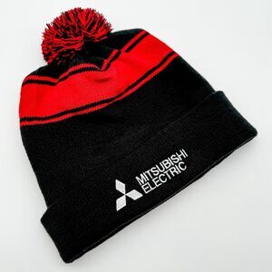 Mitsubishi Electric Black/Red Stripe Ski Beanie Hat Knit Pom Pom One Size OOAK